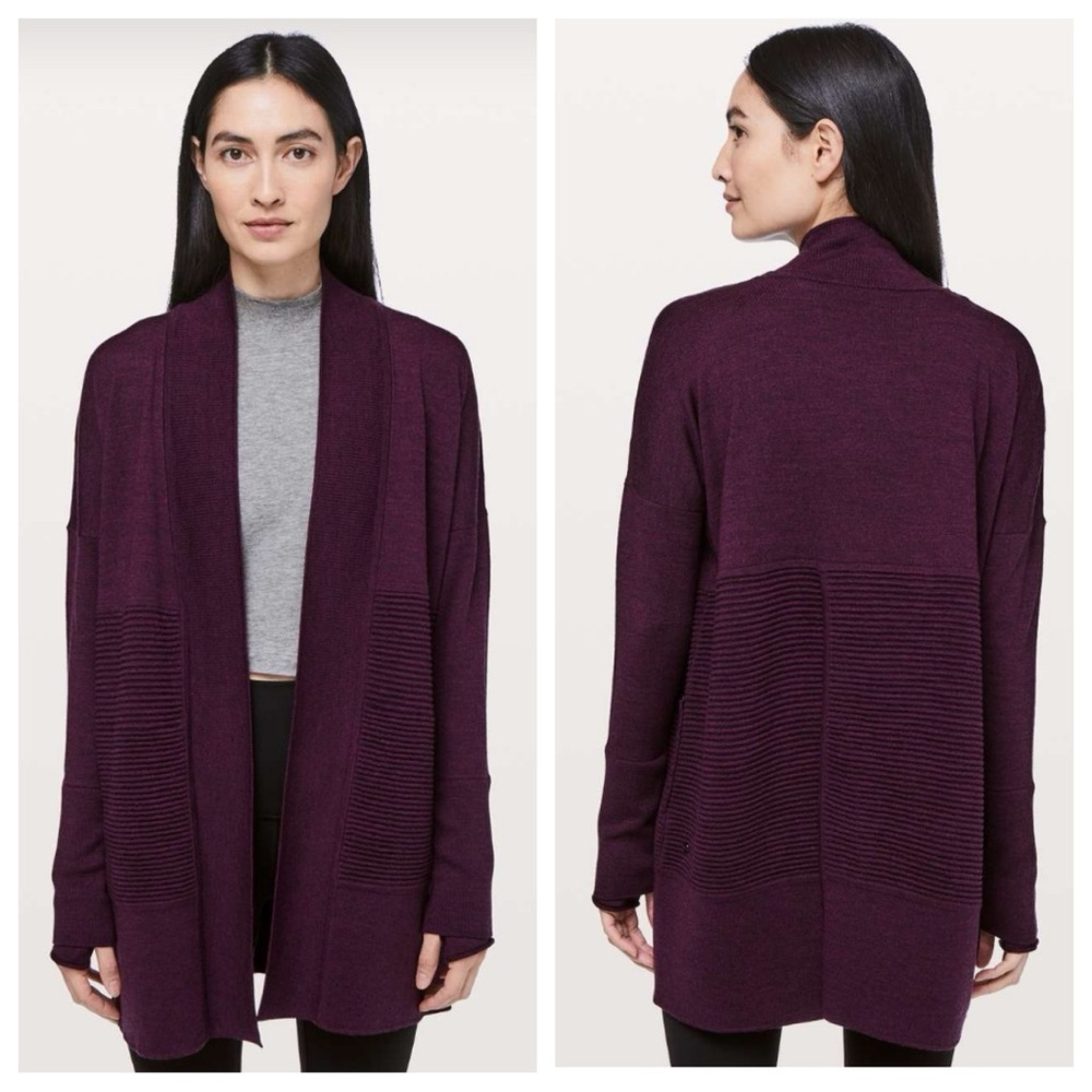 lululemon athletica Open-Front Ribbed Panel Cardigan in Plum